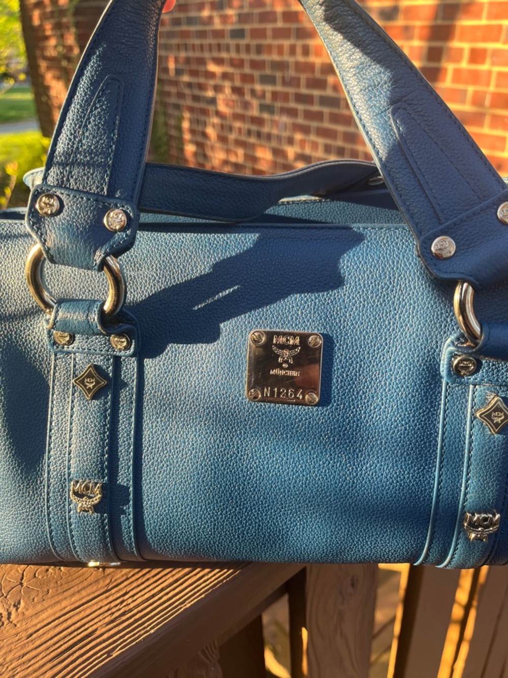 MCM  Blue Leather Satchel with Silver Hardware and end pockets - Picture 8 of 15